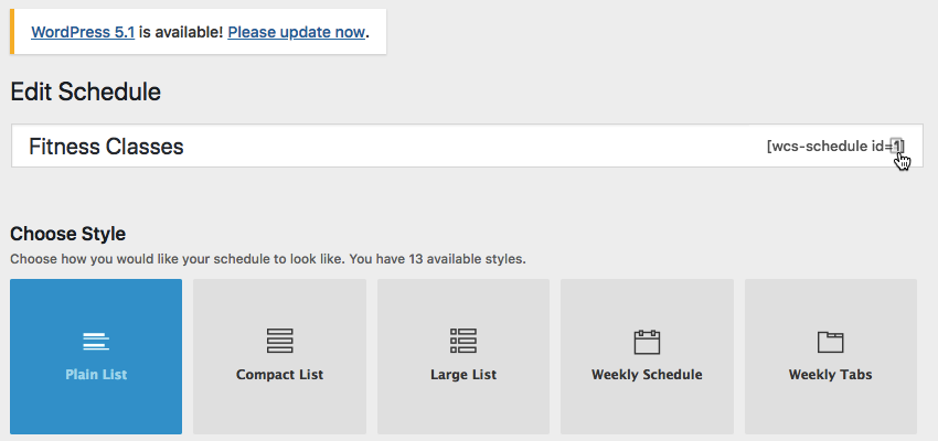 Hover over the schedules title to get access to its shortcode
