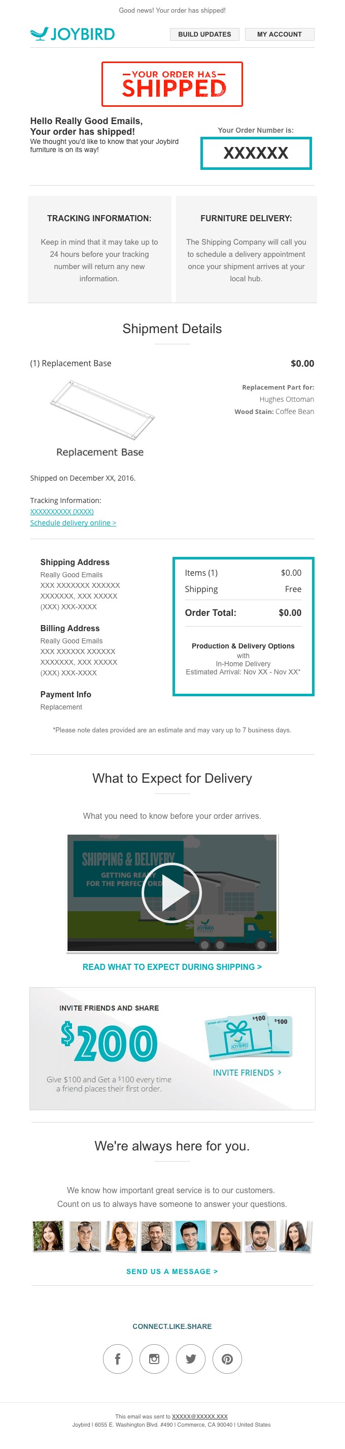 Joybird’s shipping notification really nails the head on how transactional emails can be impactful