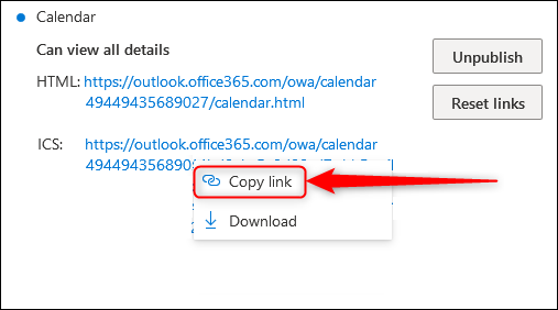 The HTML and ICS links with the
