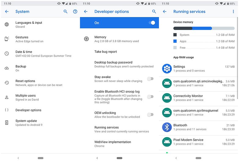 developer options running services