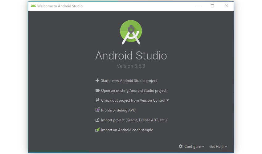 Android Studio welcome screen
