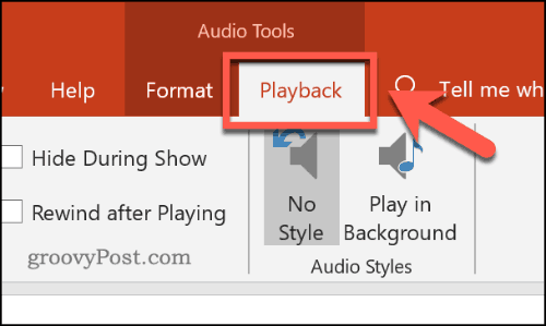 The audio playback menu in PowerPoint