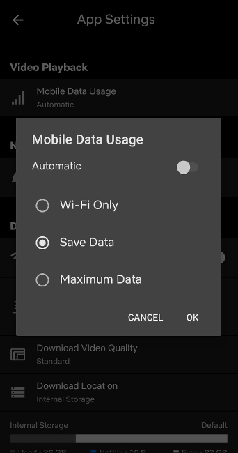 Screenshot of Mobile Data Usage settings on the Netflix Android app with Automatic toggled off and Save Data selected.