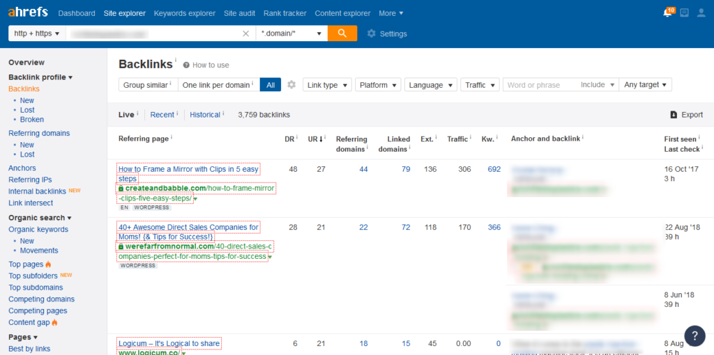 Ahrefs backlink report screenshot