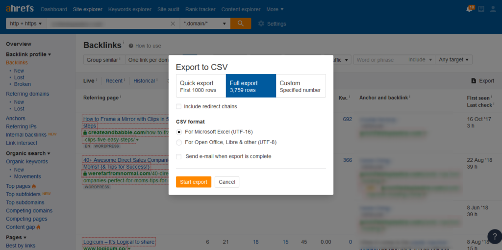 Ahrefs backlink report export function screenshot