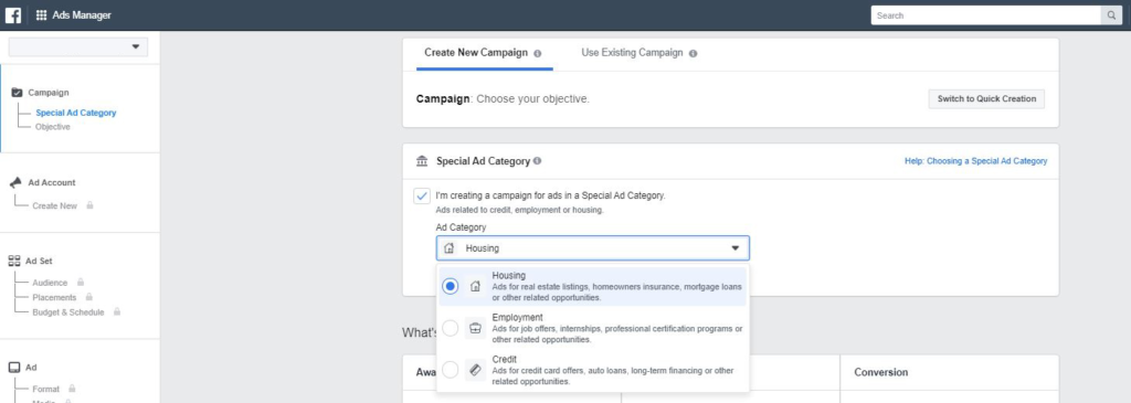 Select Facebook Special Ad Category