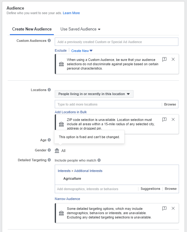 Facebook special ad targeting options