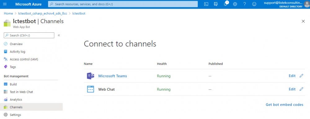 Load up the bot into a Teams client by clicking on the Microsoft Teams link