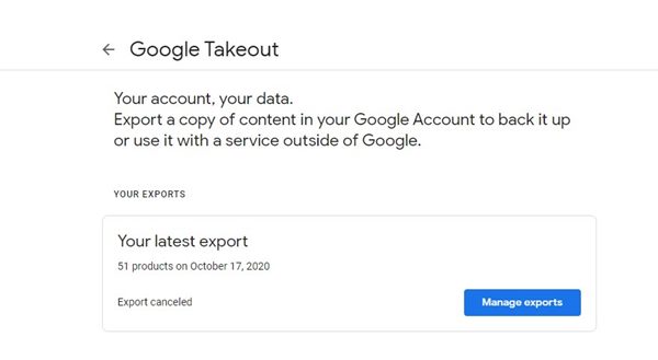 Google Takeout Page