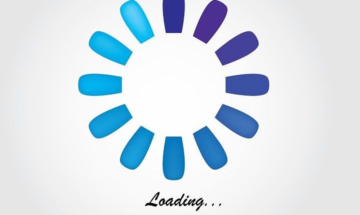 A circular loading logo in shades of blue against a white background.
