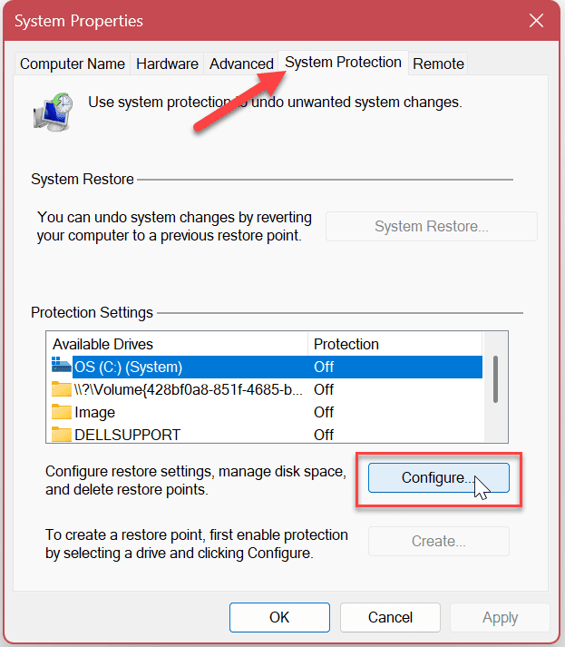 System Protection for Drives on Windows 11