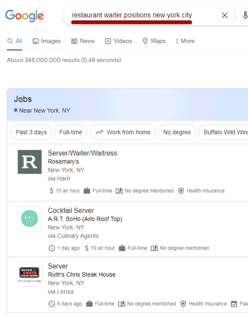 Image of a job posting rich result in Google search