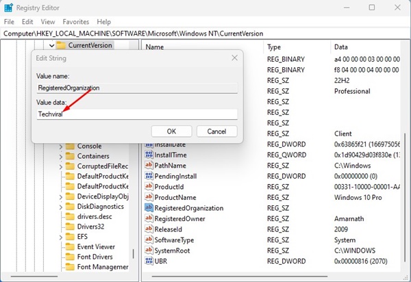 enter the new name in the Value data