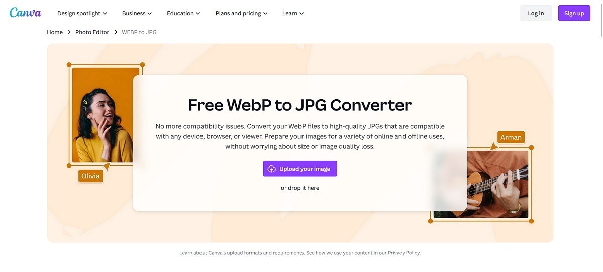 Canva WEBP to JGP Converter page overview.